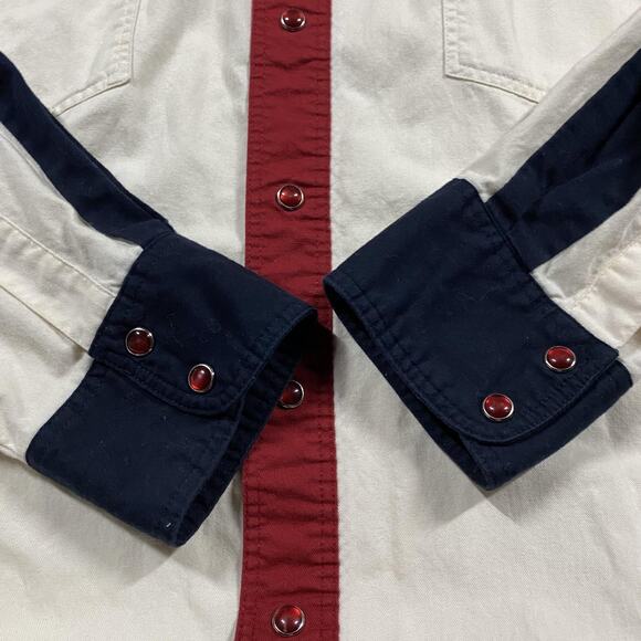 VTG Wrangler Western Shirt Mens XL Red Blue White Colorblock Pearl Snap Cotton - Picture 3 of 7